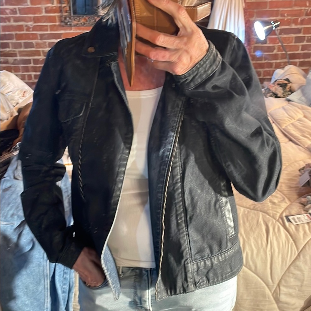 Calvin Klein, Black Denim/Pleather Combo Jacket